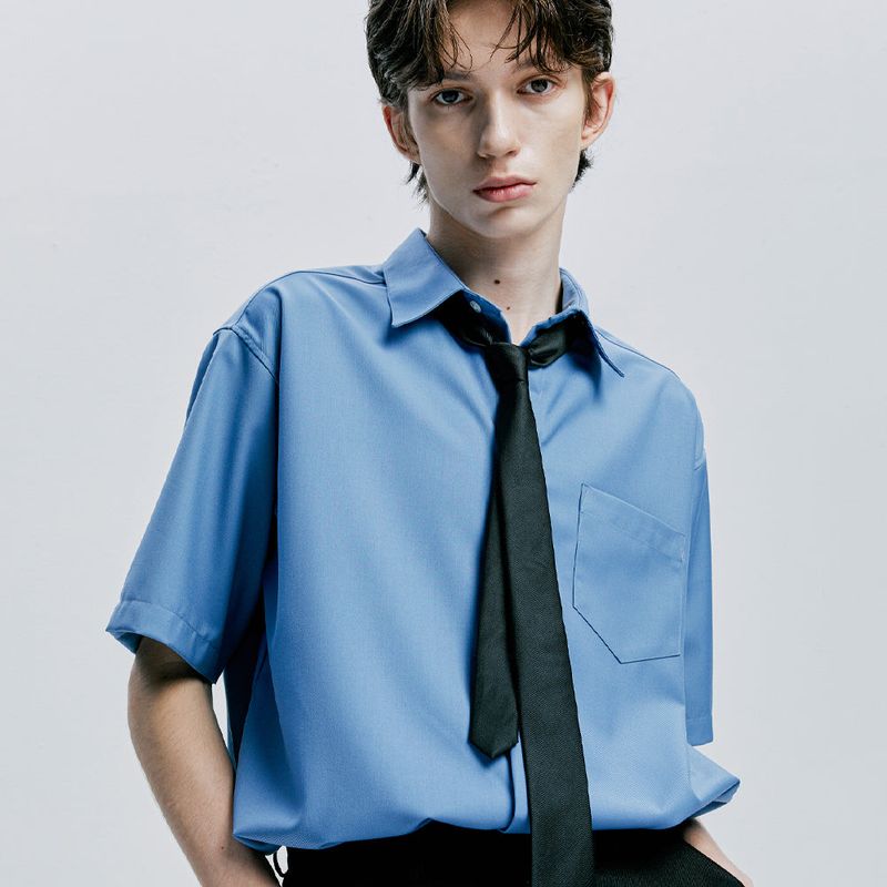 [SLIMTIE SET]fine twill tip half shirt sky blue
