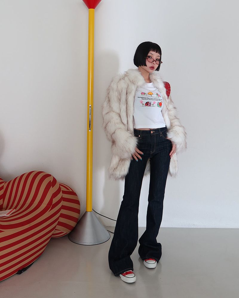 High-neck fake fur jacket coat