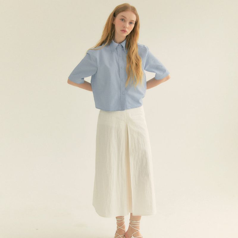 Stripe Wrinkle Pocket Crop Shirt (Light blue)
