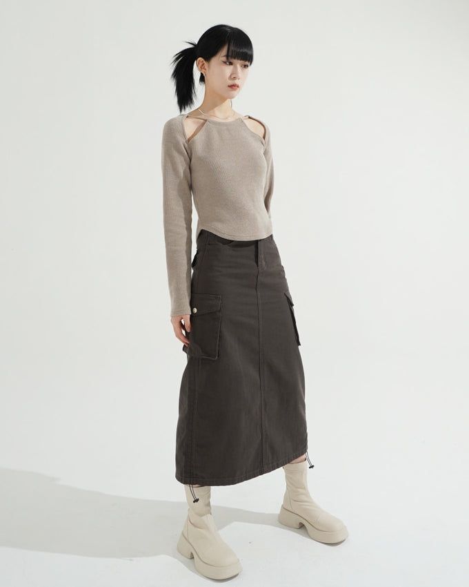 3 Hole String Neckline Ribbed Top