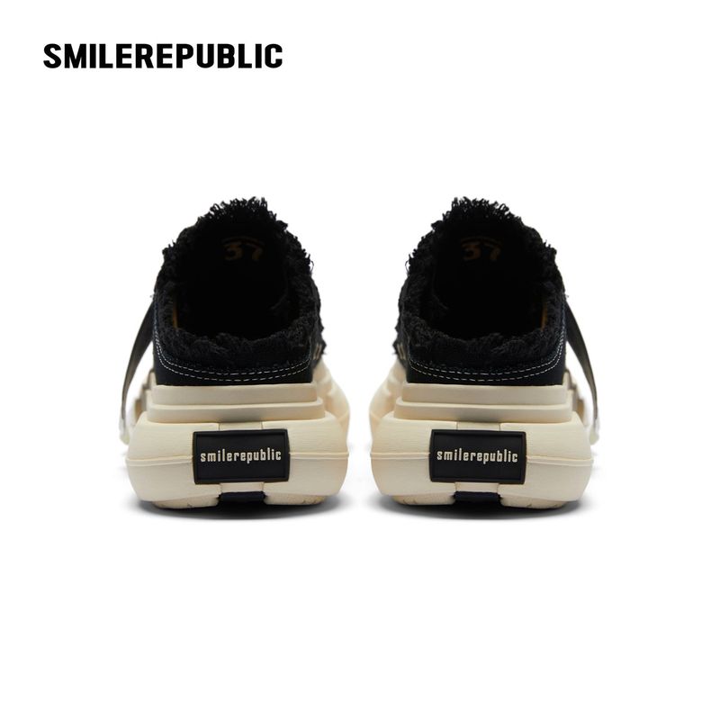 Black Frayed Canvas Backless Platform Sneakers with Cream Sole