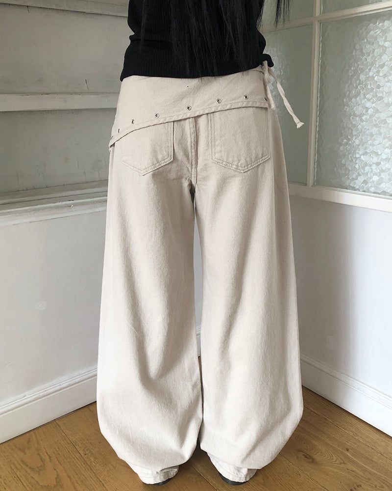 Maon Eyelet Scarf-Layered Cotton Pants