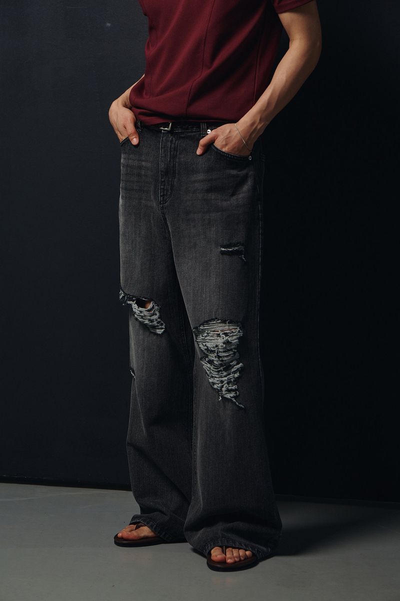 Washed damage wide flare denim pants(Black)