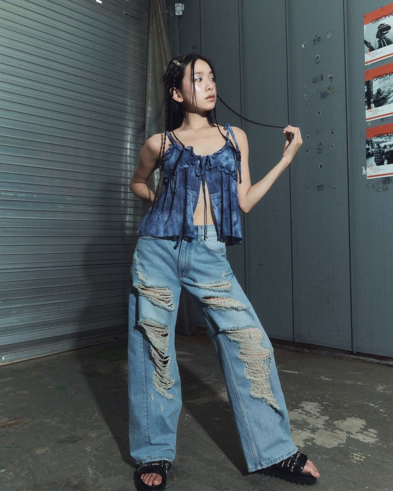 frill open bl - denim