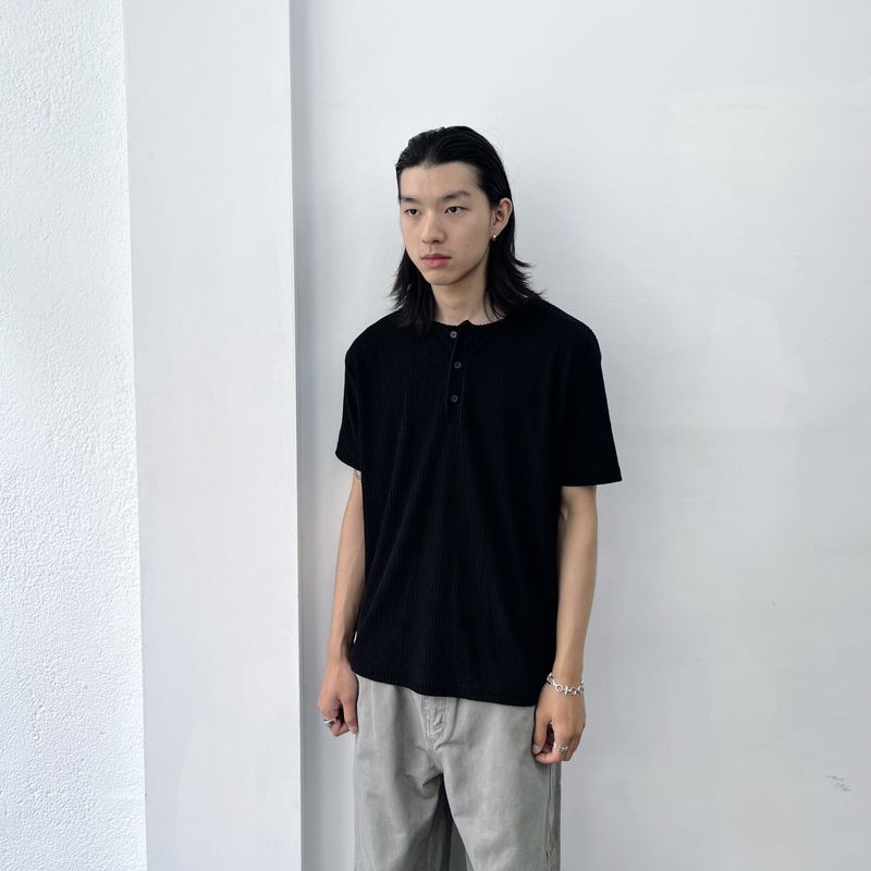 Black Field Textured Henley Top