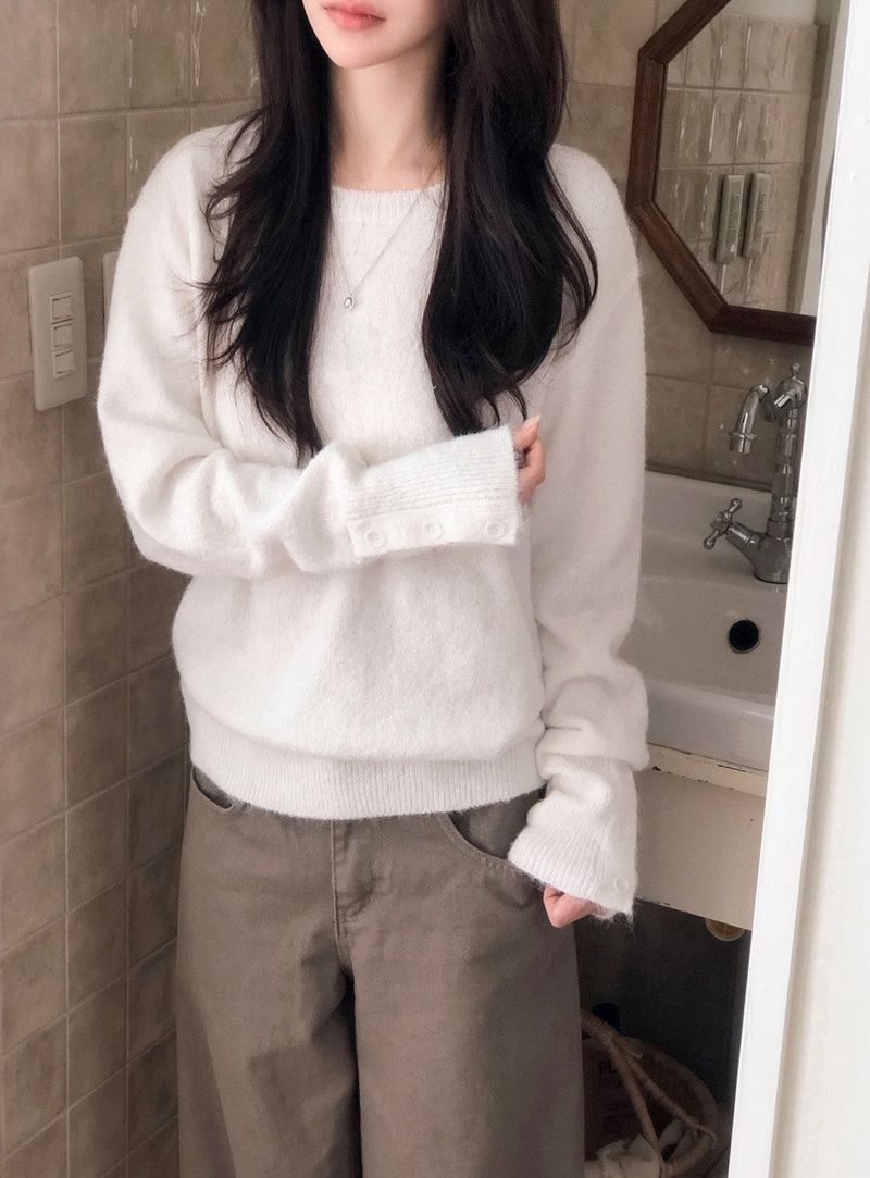 Sleeve Button Loose Wool Round Knit (4color)