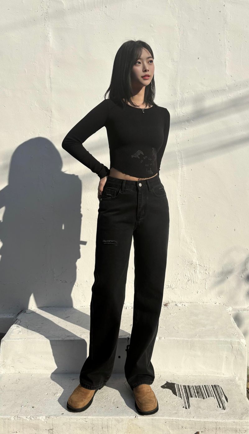 RIBBON SEMI-WIDE BLACK DENIM PANTS code 18318