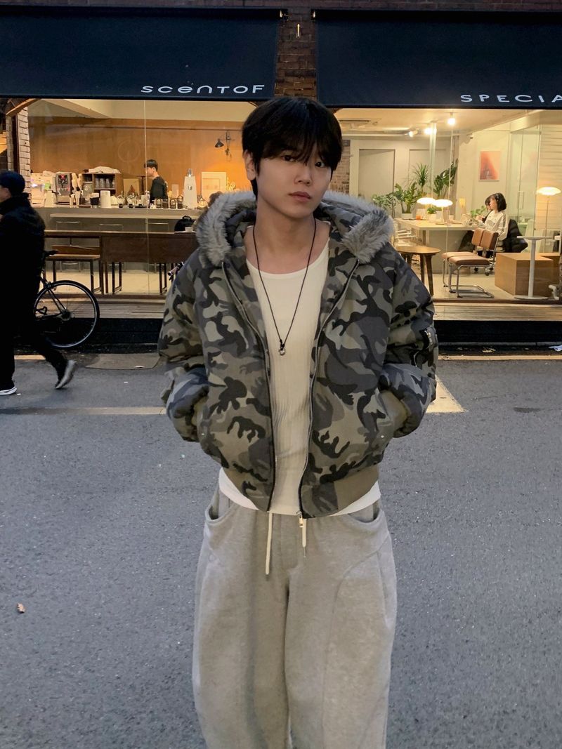 Jean Camo Raccoon Crop Puffer Jacket