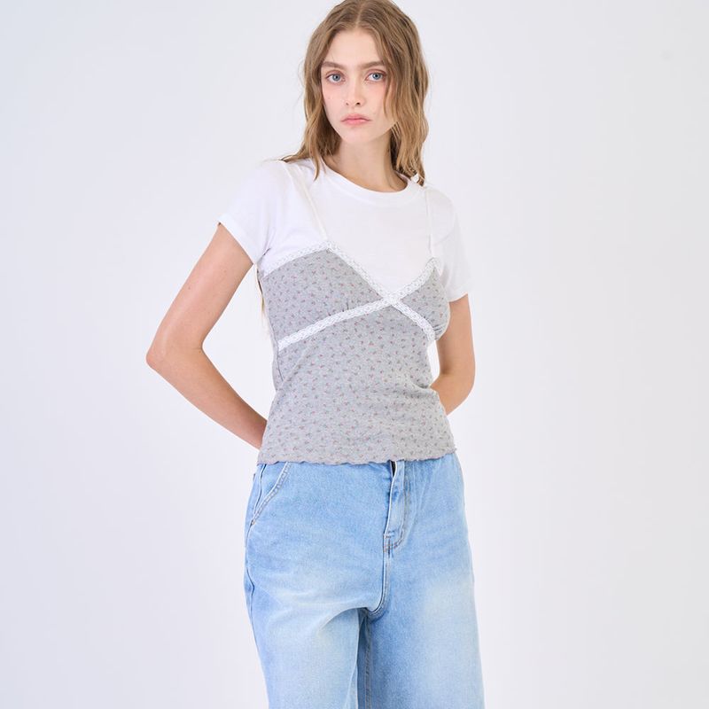 Flower Lace Sleeveless Melange Gray