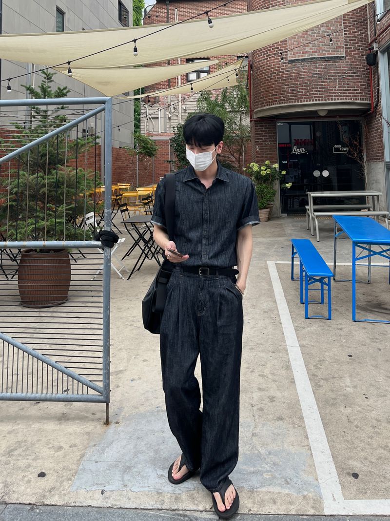 Mei linen indigo half shirts