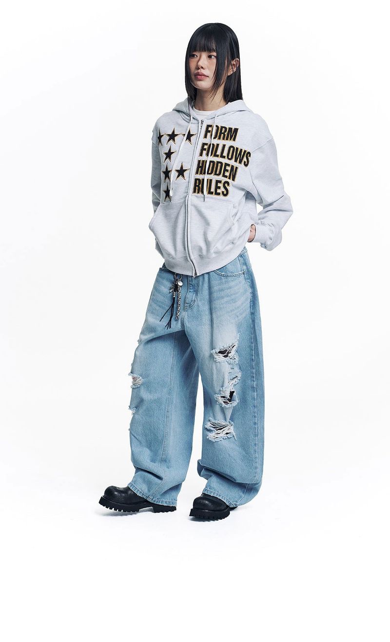 Distressed Curved Denim Pants - Light Blue