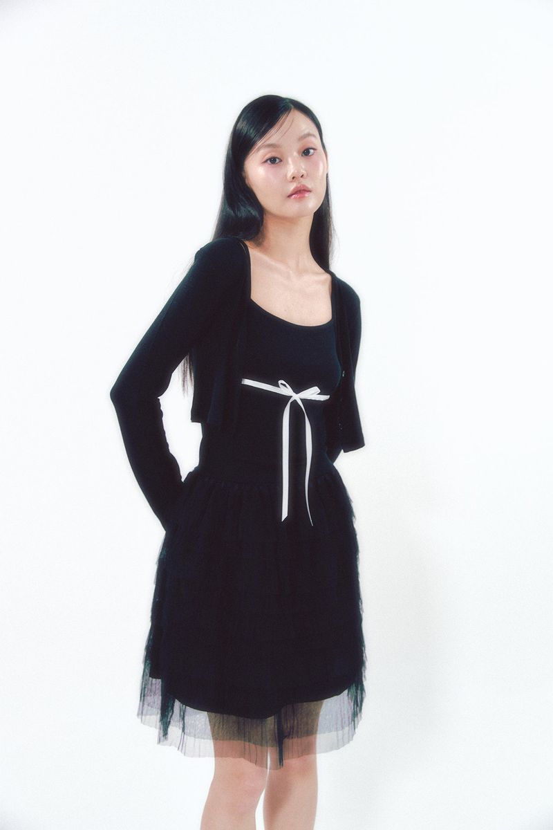 Knit Ribbon Shirring Top Set Black