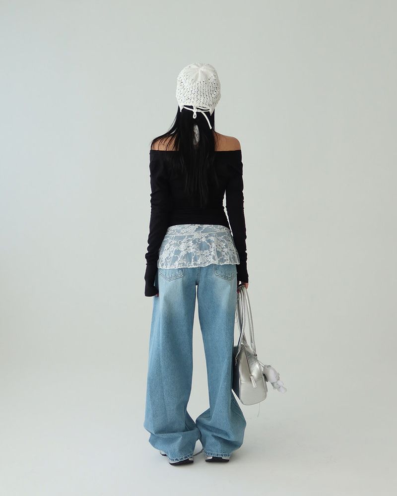 Deep V-neck Off-Shoulder Wrapped Shirring T-shirt