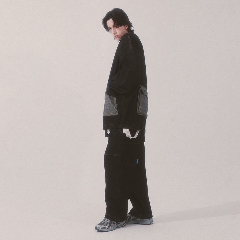 stripe patch denim pants_black