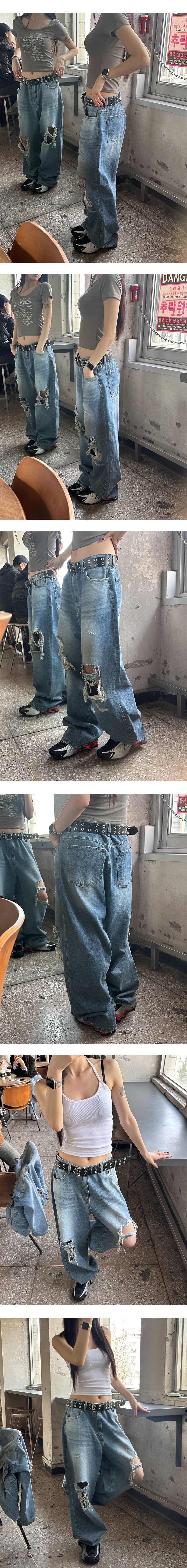  [Unisex] Knee destroyed wide denim pants