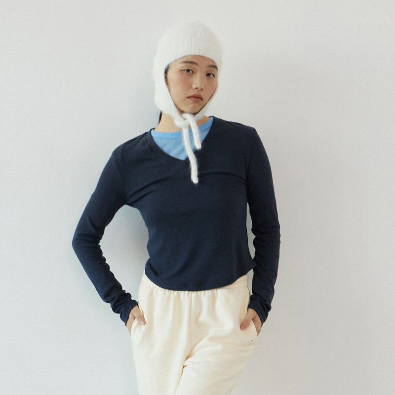 Wool V-neck daily long sleeve_navy
