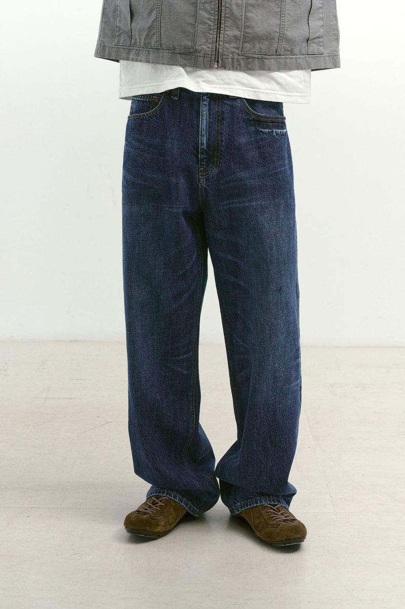 Loose Straight Biker Denim Pants (Washed Navy)