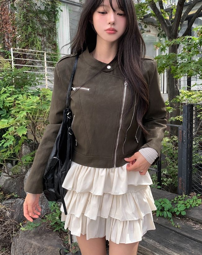 Dock Unbalance Zipper Crop Leather Jacket