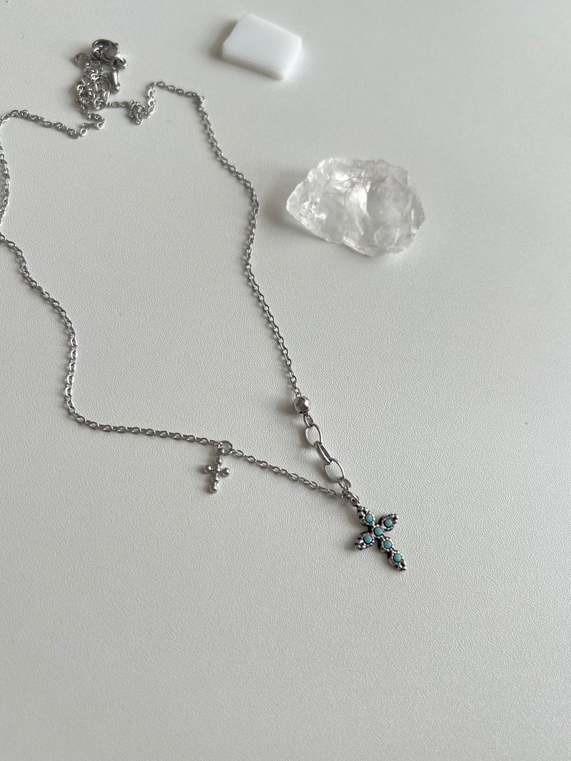 sif color twin cross turquoise vertical double ball short long layered gemstone necklace