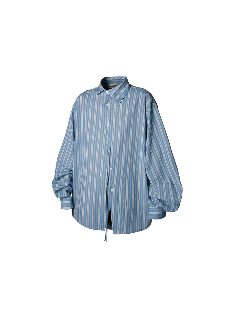 RELABEL Spatial Relations (Angular) Weave-patterned ethnic-inspired stripe ribbon Asymmetrical placket shirt