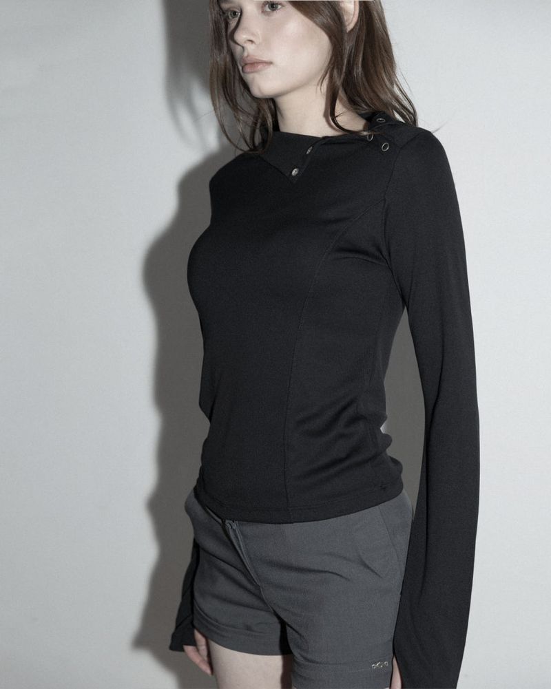 Diagonal Button Long Sleeve Black