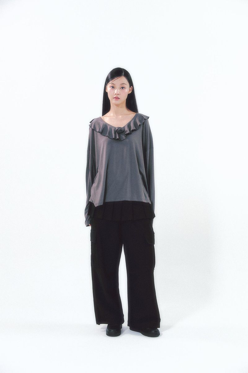 Pleats Skirt Cargo Pants Set Black