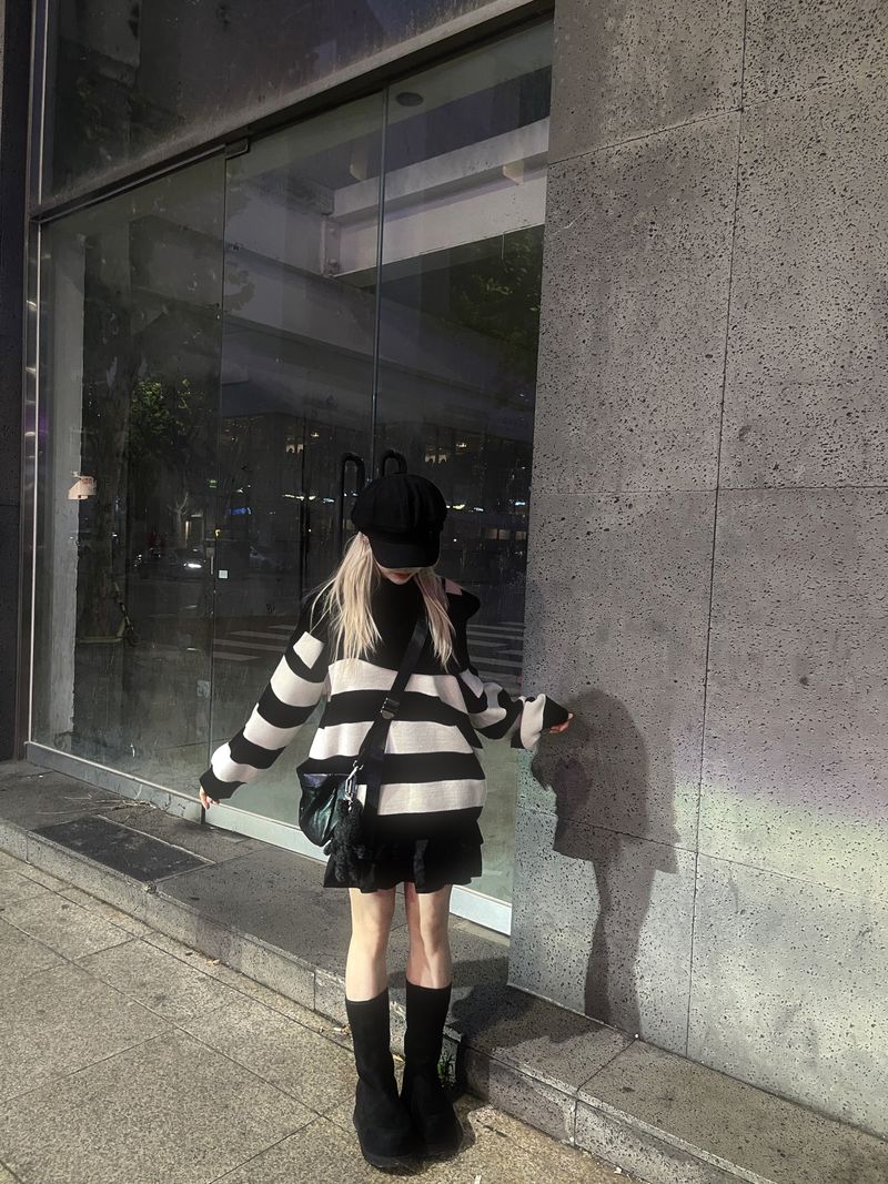 Off-shoulder Oversized Fit Stripe Knitwear