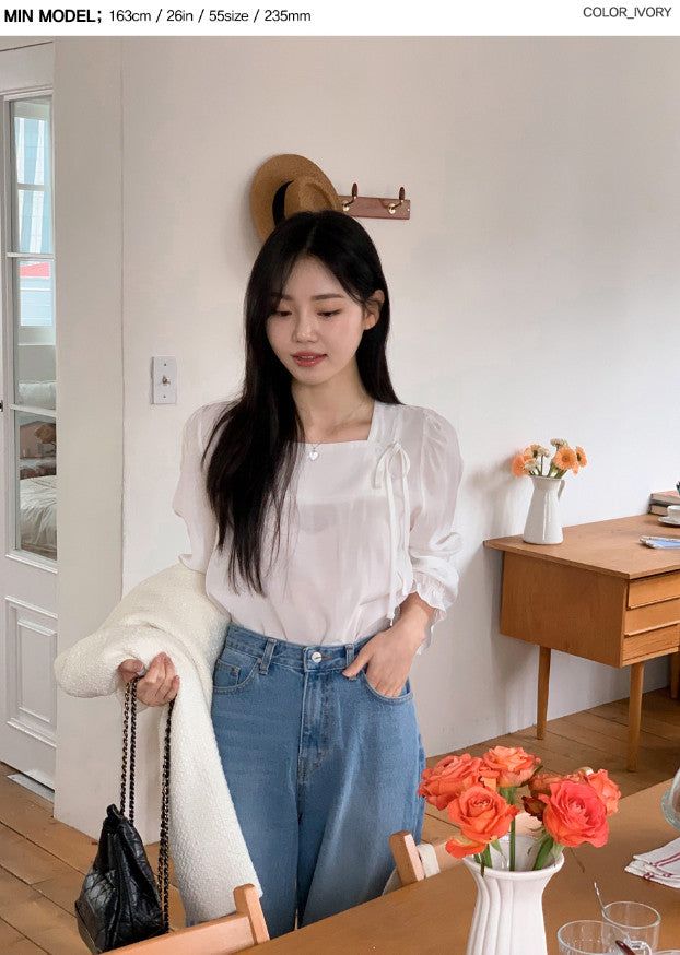 Silky Square Ribbon Frill Blouse (3color)