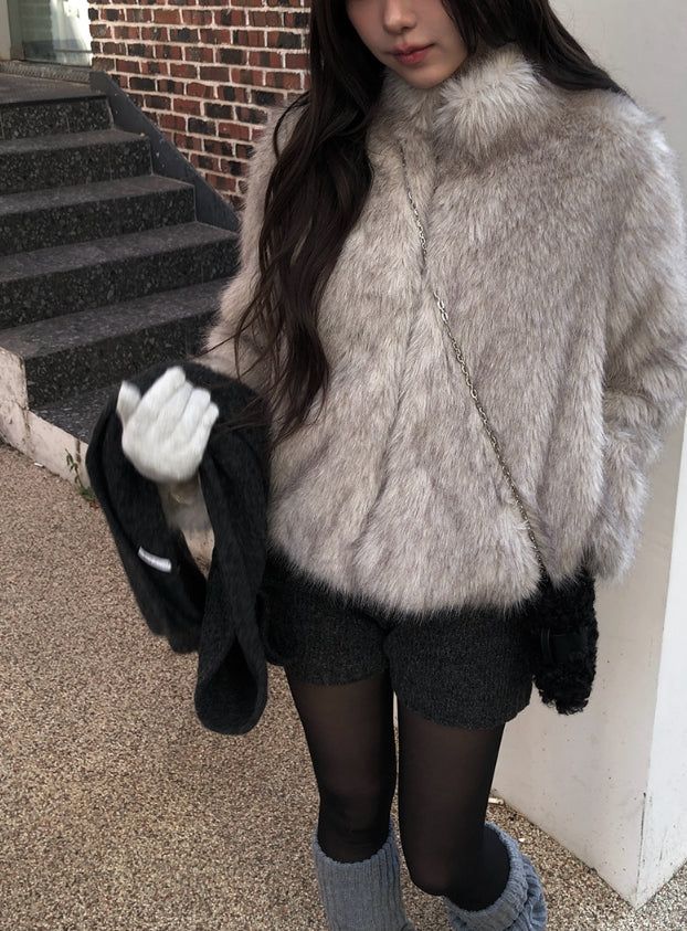 [Lining Quilting] Celan Hairy Fur Collar Jacket
