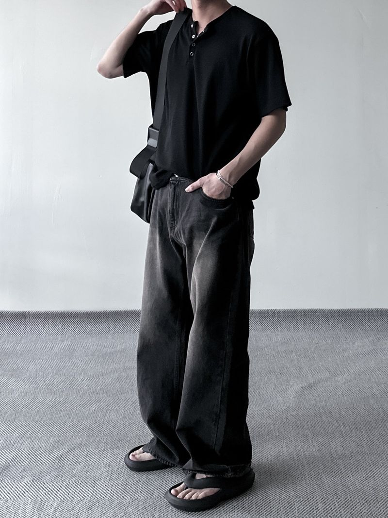 ワッフルヘンリーネックハーフTシャツ