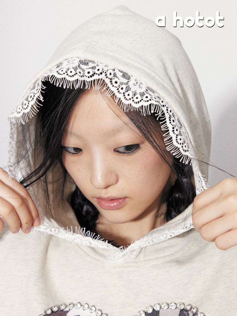 Rabbit printed , lace and rhinestone Hoodie
