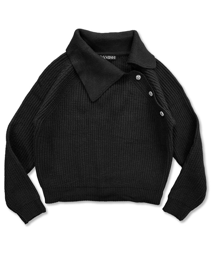 Oblique Collar Cross Button Knit_Black