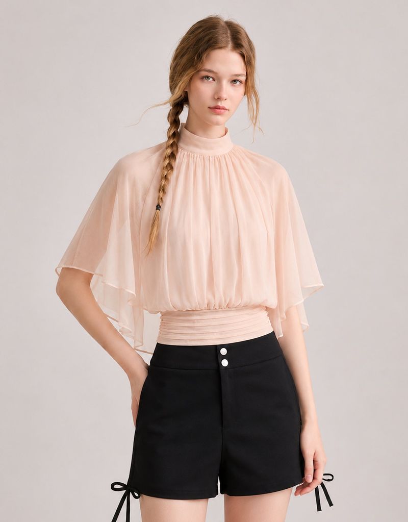 TWEEDY-A（ツウィーディア）の「Elira Chiffon Drape Cape Blouse Pink（Tops）」