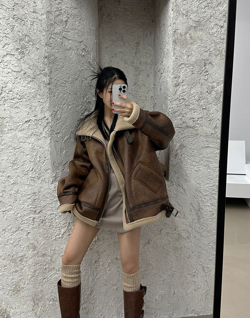 Oversized Fit Leather Wool High-Neck Mustang