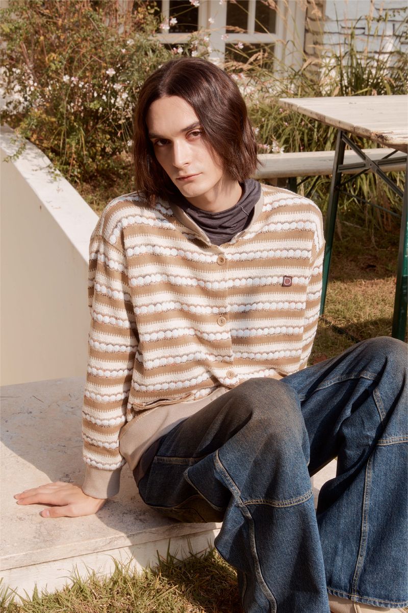 Alarm Loop Stripe Knit Cardigan - Beige
