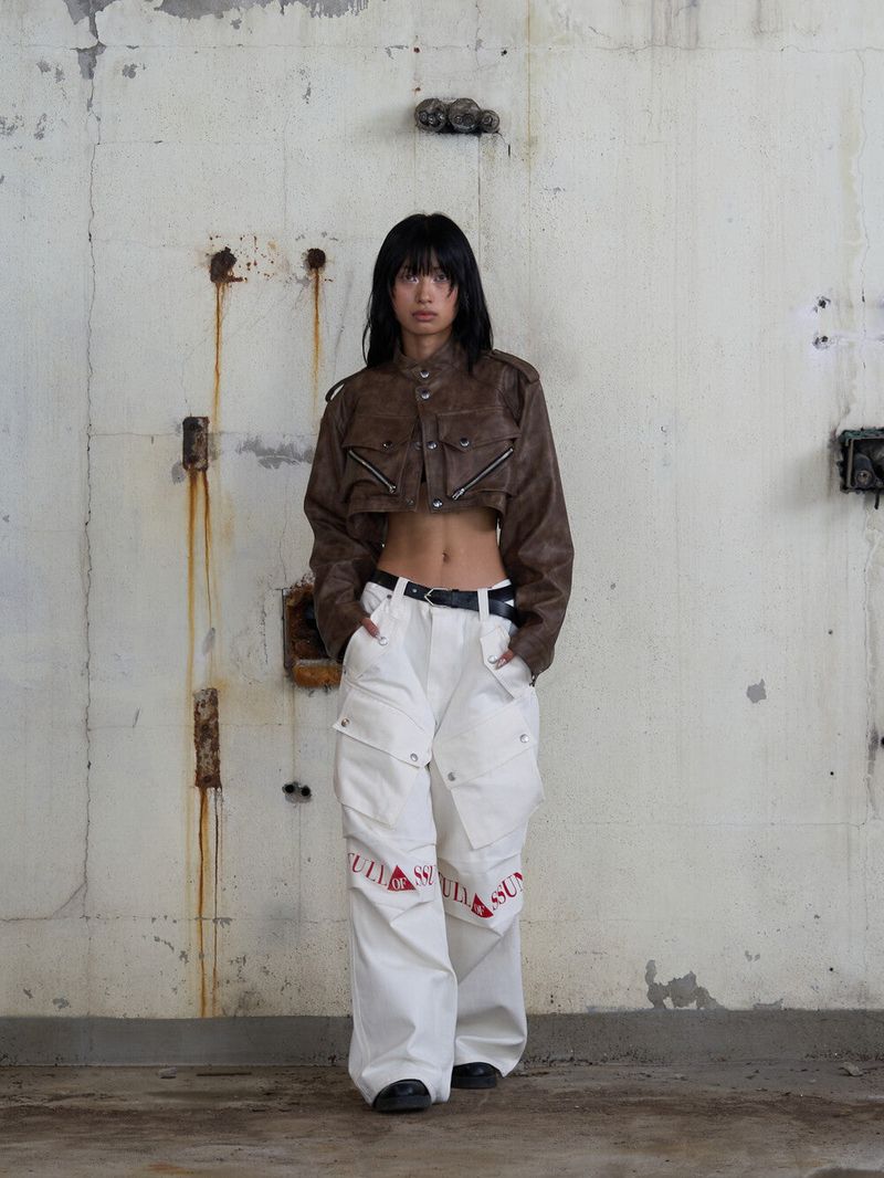 Leather Crop Cargo Jacket (Brown)
