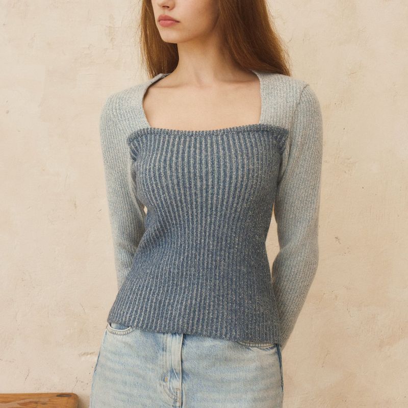 LAYERED SQUARE NECK KNIT - LIGHT BLUE