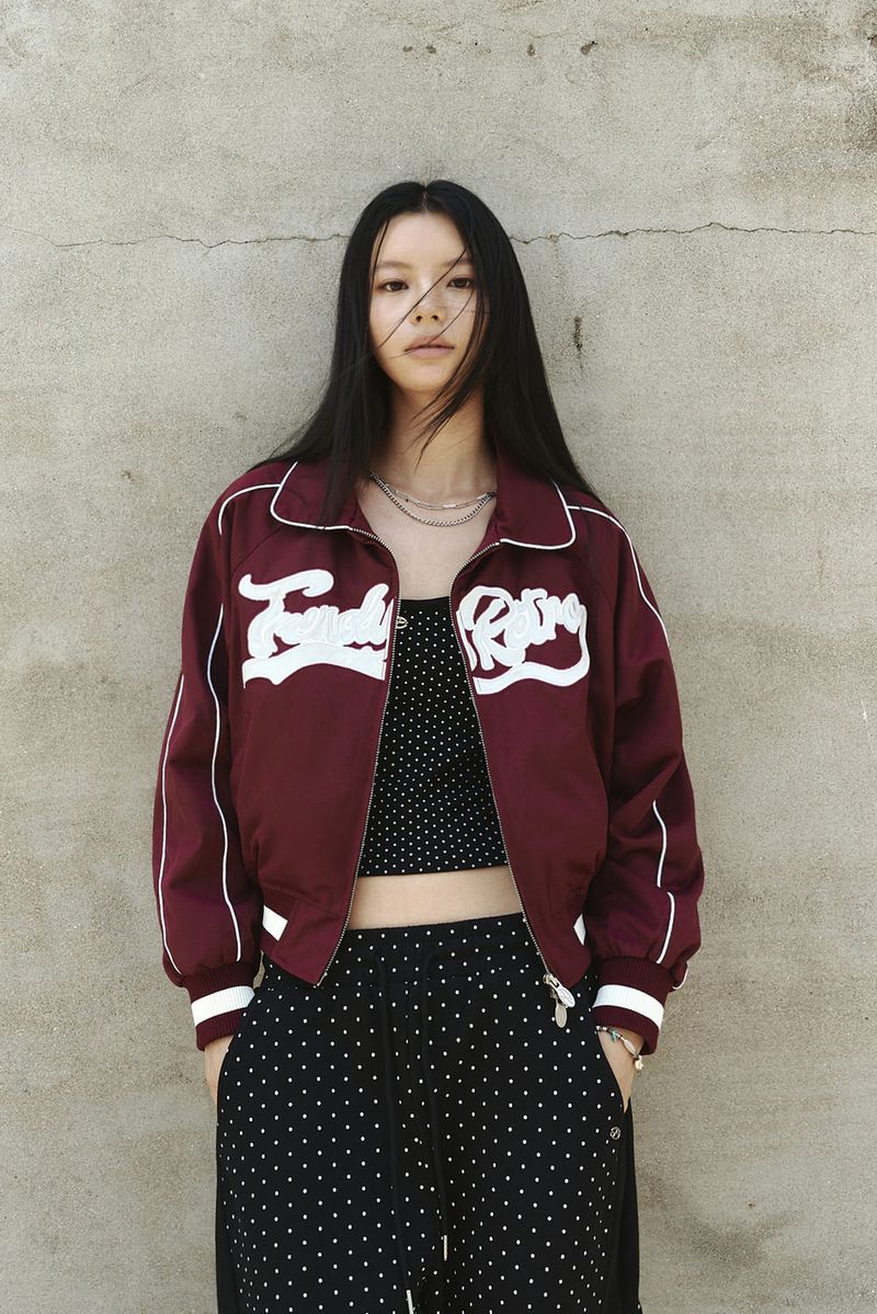 GUBIN（グビン）の「(W) CROP BIG LOGO PIPING BLUESON - BURGUNDY（Jackets/Outerwear）」