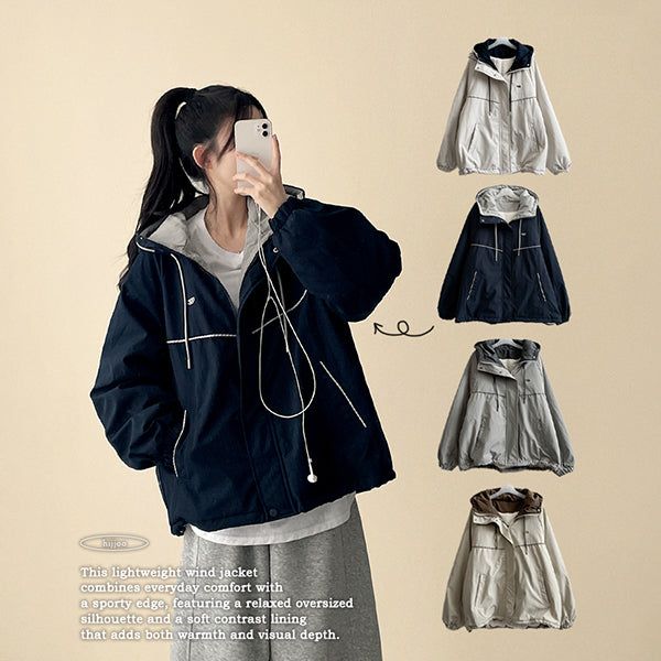 Raden color matching checkline zipper string high neck padded jumper
