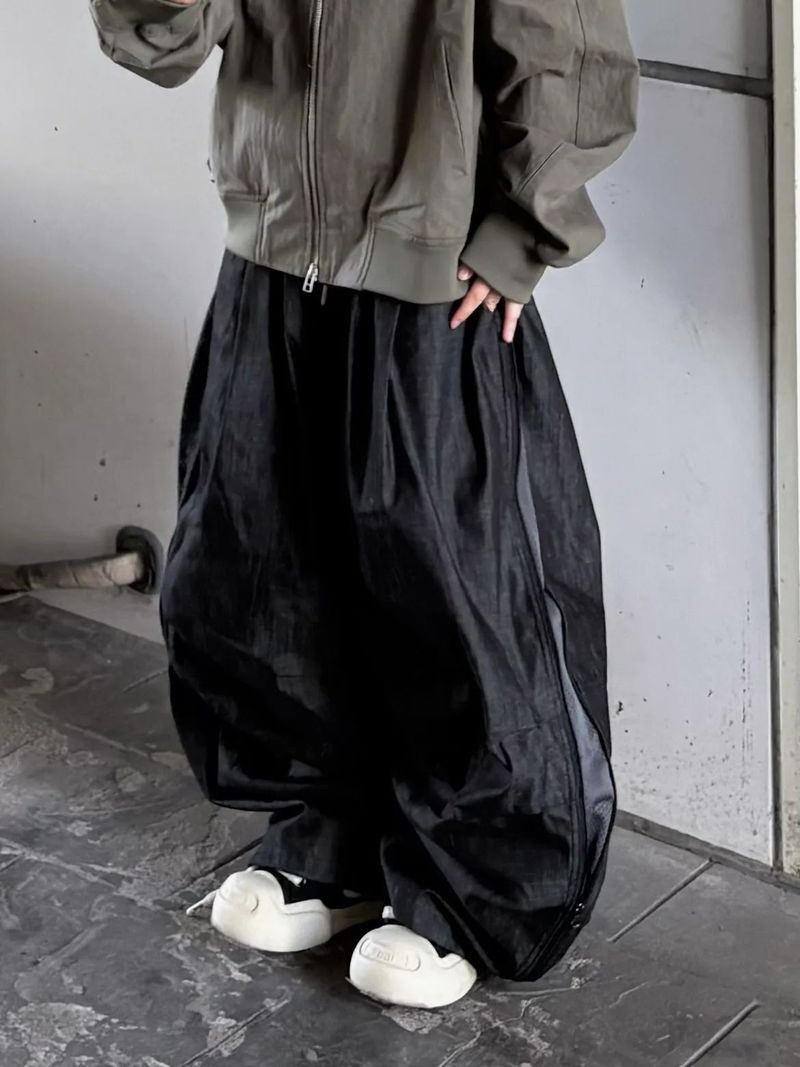 denim two-way zipper balloon pants