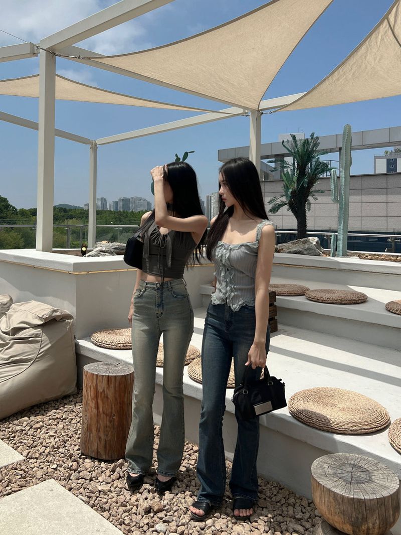 High waist light & deep blue washed bootcut long denim pants (2 colors)