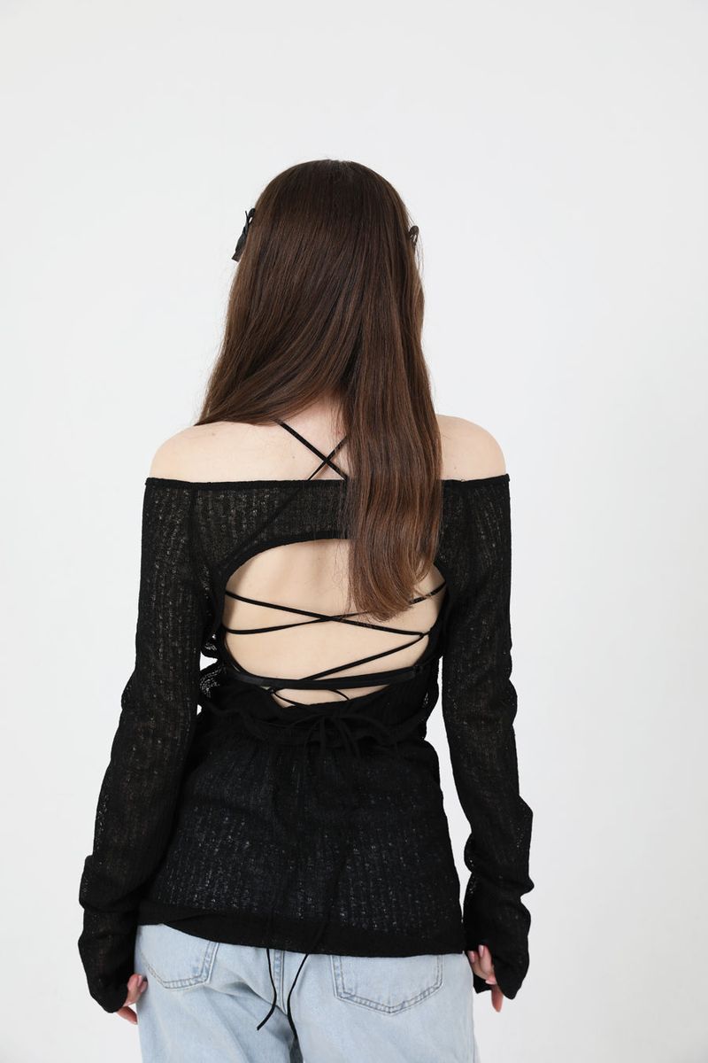 See-Throught Back Slit Long Sleeve Knit Black