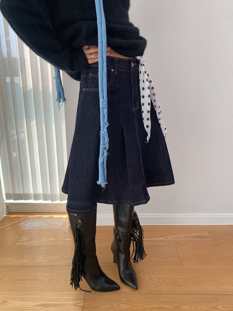 Dark blue raw cotton flared pleats midi skirt