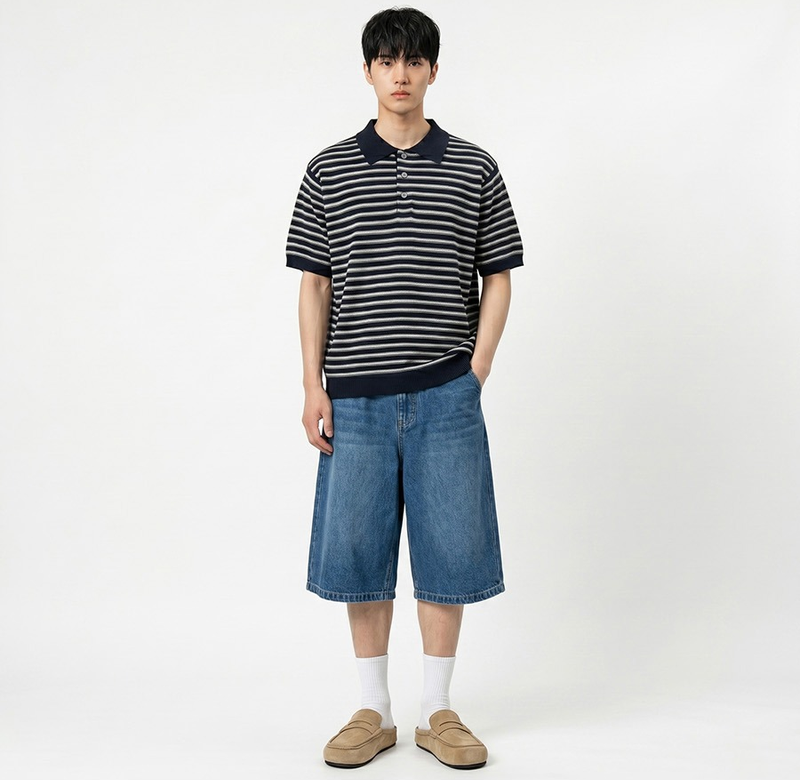 Stripe Crop Half Knit Navy