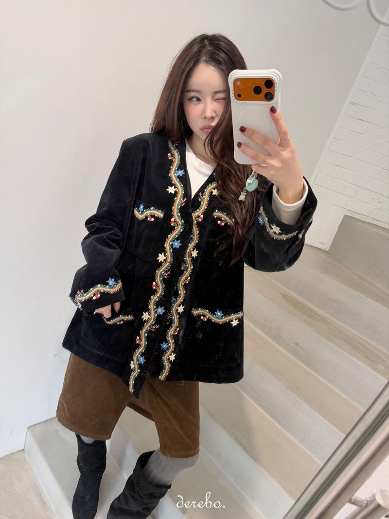 French velvet embroidered no collar jacket
