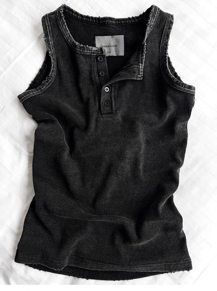 Pigment Henley Neck Damage Detail Muscle Fit Sleeveless