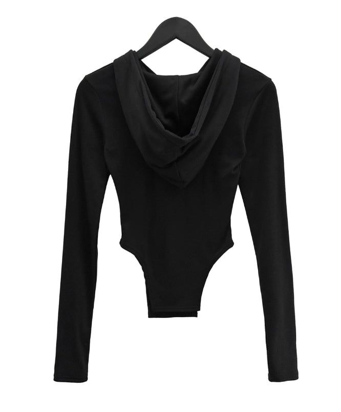 Cutout Bodysuit Unbalance Snap Hood