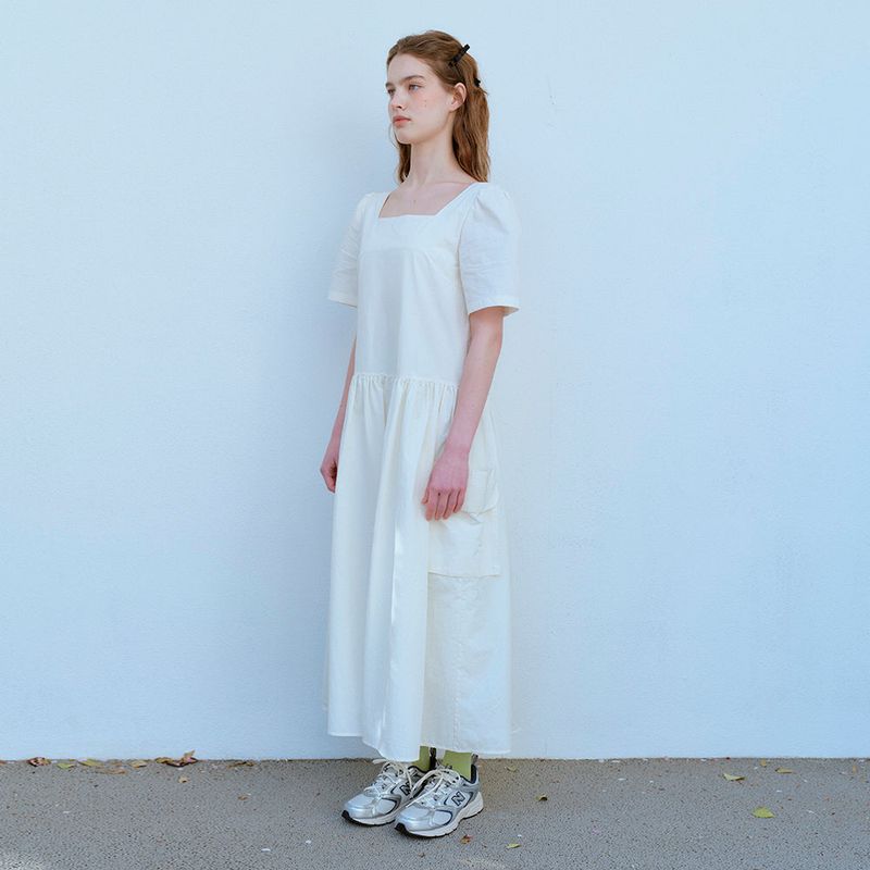  SQUARE NECK POCKET DRESS, CREAM