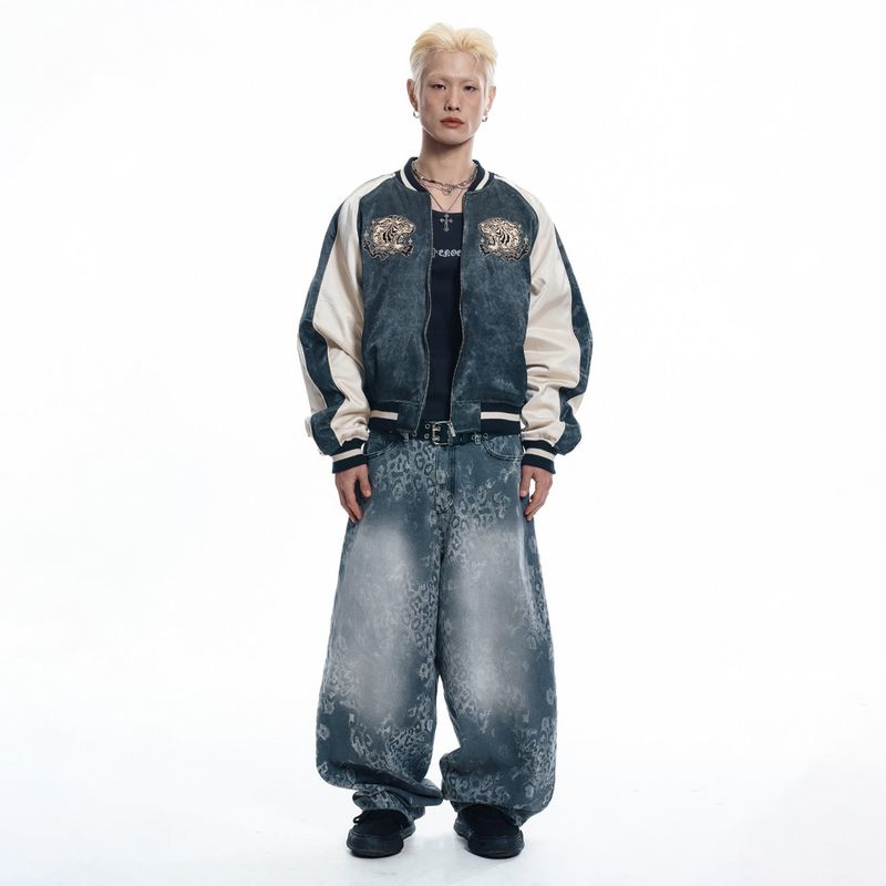 Sun Patch Leopard Balloon Denim Pants - BLACK