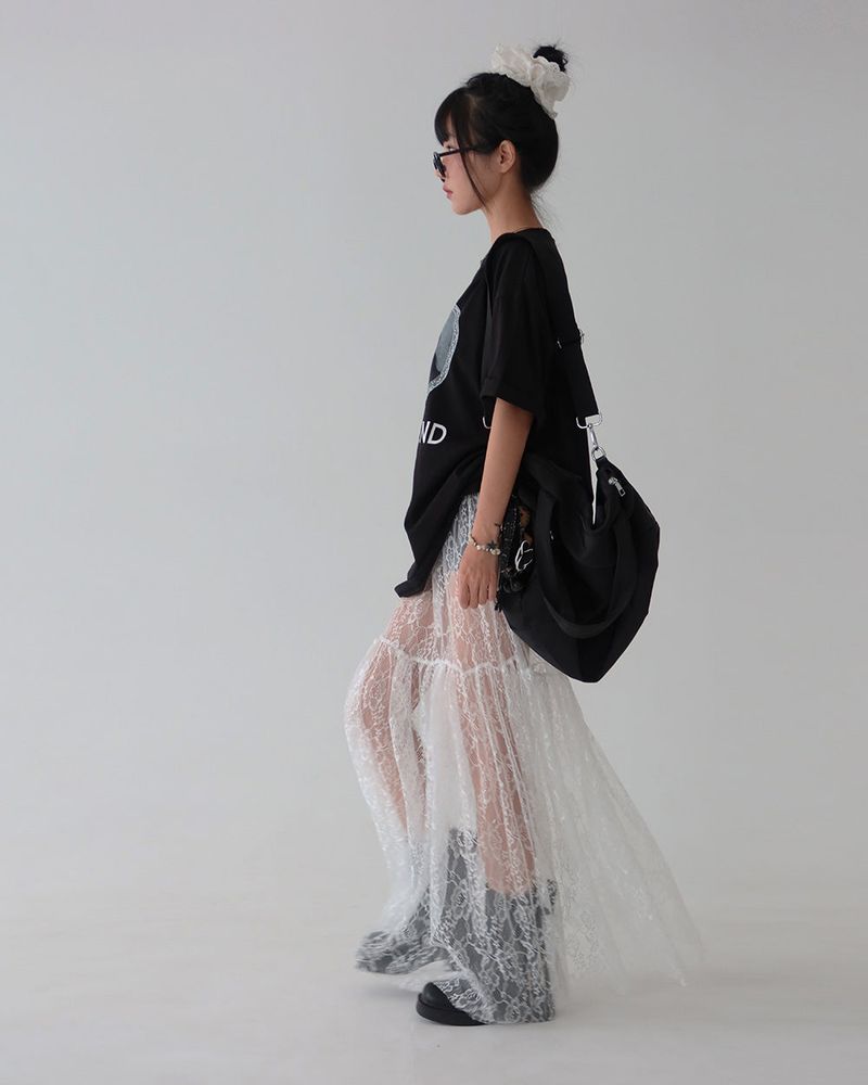 lace see-through flare layered maxi long skirt